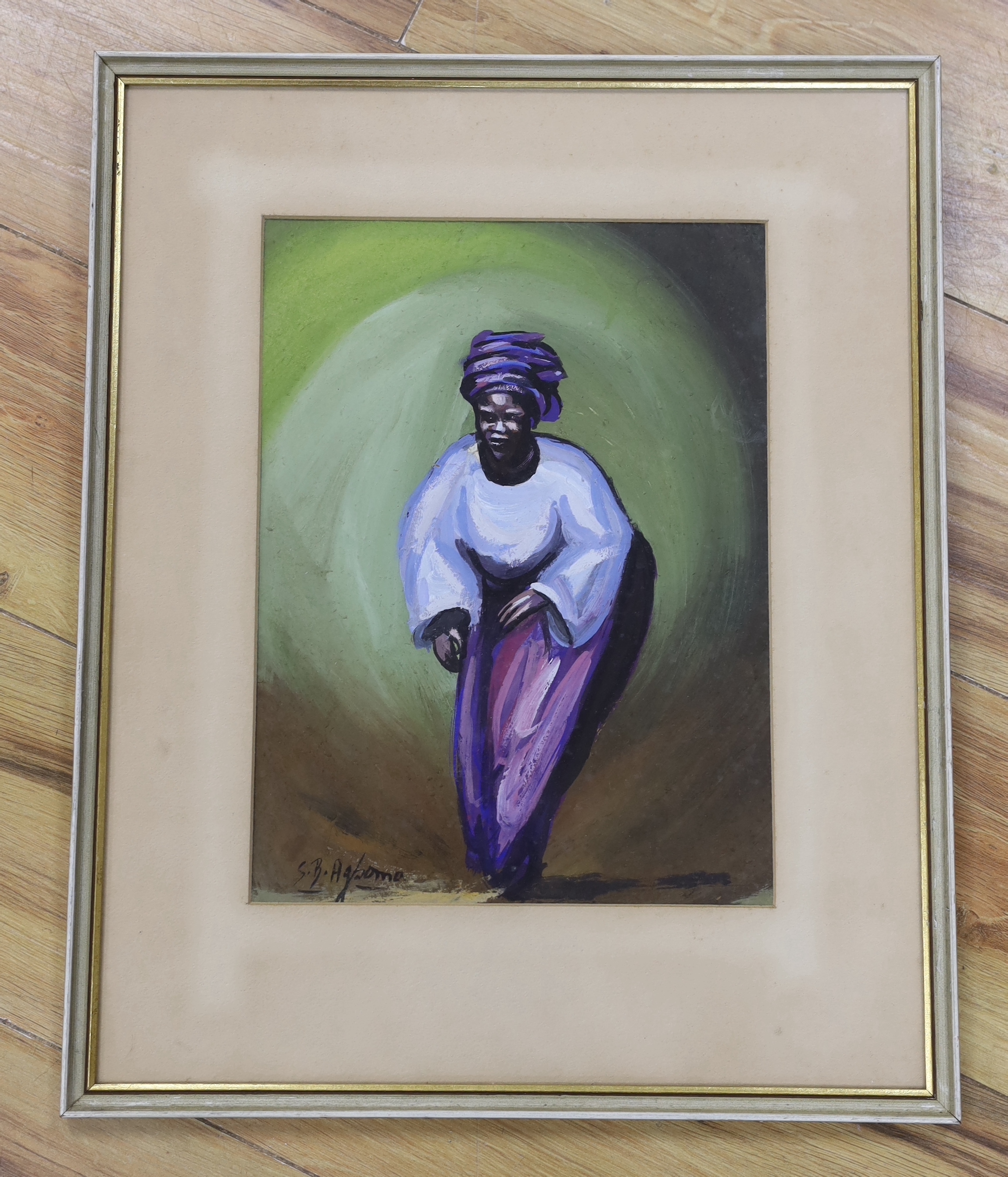 Caribbean school, gouache, Full length portrait of a lady, indistinctly signed, Port of Spain, Trinidad label verso, 30cm x 23cm